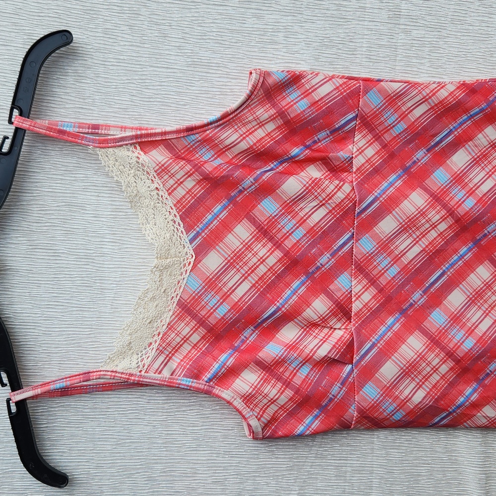 Plaid Slip Dress Red and Blue Lace Spaghetti Strap - Picture 4 of 8